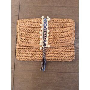 Fallon & Royce Reese Fold Over Straw Clutch Bag Pom Pom Accent